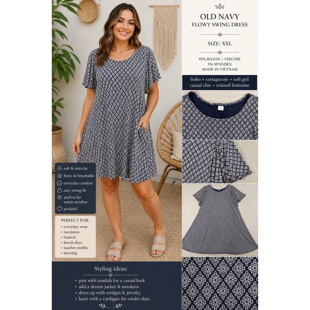 Old Navy Blue Boho Swing Dress XXL Cottagecore Casual Flowy Soft Girl